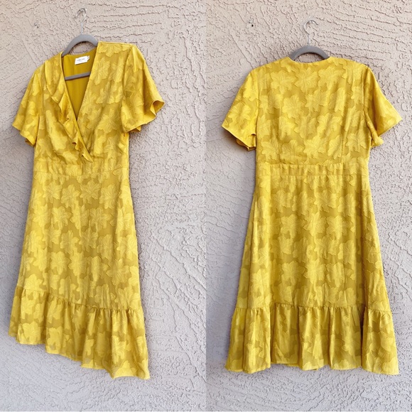 ORANGE CREEK Mustard Yelllw Textured Floral Chiffon Ruffle V Neck Midi Dress M - Picture 9 of 9